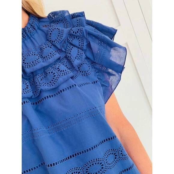 Willa Story Elizabeth Eyelet Ruffle Top Cottage Coastal Grandma Boho Blue Medium - Picture 2 of 9
